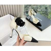 Grade Quality Chanel Camellia Flower White Leather Dorsay Pearls High Heeled Pumps Shoes 80MM 6051310