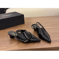 Top Grade Chanel Heeled Slingbacks Mules Shoes Black Patent Leather 40MM 6051315