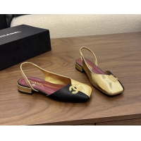 AAAAA Chanel CC Logo Black Gold Leather Slingback Flats 6051317