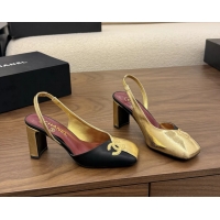 Buy Fashionable Chanel CC Logo Gold Black Leather Slingback Pumps 75MM 6051318