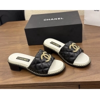 Duplicate Chanel Pearl Chain CC logo Heeled Slides Sandals Black Quilted Leather 6051320