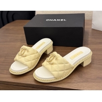 Grade Chanel Pearl Chain CC logo Heeled Slides Sandals Beige Quilted Leather 6051320