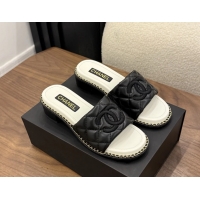 Discount Chanel CC logo Heeled Slides Sandals with Chain Black Quilted Leather 6051320