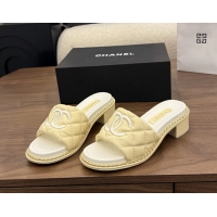 Duplicate Chanel CC logo Heeled Slides Sandals with Chain Beige Quilted Leather 6051320