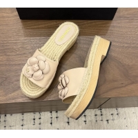 Best Price Chanel Light Pink Camellia Flower Leather Espadrille Platform Slides Sandals 6051321