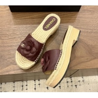 Design Cheap Chanel Burgundy Camellia Flower Leather Espadrille Platform Slides Sandals 6051321