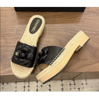 Low Price Chanel Black Camellia Flower Leather Espadrille Platform Slides Sandals 6051321