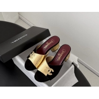 Original Cheap Chanel CC Logo Gold Metal Leather and Black Suede Heeled Slides Sandals 6051601