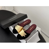 Grade Quality Chanel CC Logo Gold Calf Leather and Black Suede Flats Slides Sandals 6051602