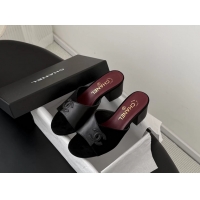 Unique Style Chanel CC Logo Black Calf Leather and Black Suede Heeled Slides Sandals 6051601