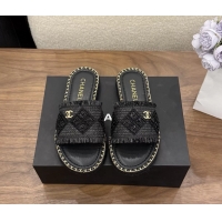 Original Cheap Chanel CC Crochet Flat Slides Sandals with Chain Black 6051603