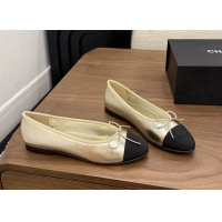 Best Chanel CC Logo Bowknot Gold Calfskin Leather Ballet Flats 6051607