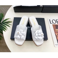 Classic Chanel White Leather Camellia Flower Platform Slides Sandals 55MM 6051611