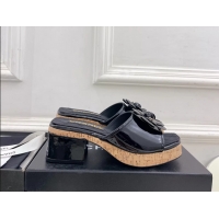 Classic Chanel BLack Leather Camellia Flower Platform Slides Sandals 55MM 6051611