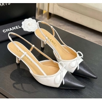 Buy Discount Chanel CC Logo Bowknot White Calfskin Leather Slingback Pumps 6051701