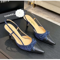 Shop Duplicate Chanel CC Logo Bowknot Blue Suede Leather Slingback Pumps 6051702