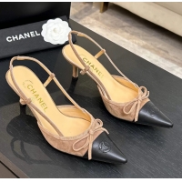 Best Price Chanel CC Logo Bowknot Beige Suede Leather Slingback Pumps 6051702