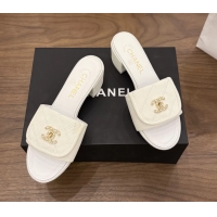 Luxurious Chanel CC Logo White Fabric Heeled Slides Sandals 6051704