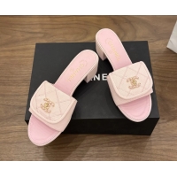 Durable Chanel CC Logo Pink Fabric Heeled Slides Sandals 6051704