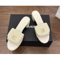 Good Quality Chanel CC Logo Beige Fabric Heeled Slides Sandals 6051704
