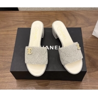 Comfortable Chanel CC Logo Gray Fabric Heeled Slides Sandals 6051706