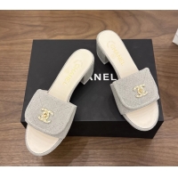 Lowest Cost Chanel CC Logo Gray Fabric Heeled Slides Sandals 6051706