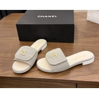 Cheap Price Chanel CC Logo Gray Fabric Flats Slides Sandals 6051706