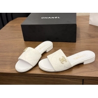 Discount Chanel CC Logo White Fabric Flats Slides Sandals 6051801
