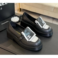 Top Grade Chanel CC Logo Black White Leather Moccasins Loafers with Flap 6051802