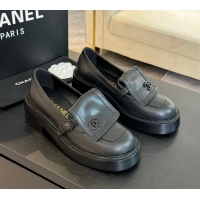Luxury Chanel CC Logo Black Leather Moccasins Loafers with Flap 6051802