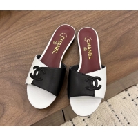 Discount Fashion Chanel CC Logo Black White Leather Flat Slides Sandals 6051804