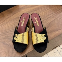 Purchase Chanel CC Logo Black Gold Leather Heeled Slides Sandals 6051806