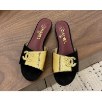 Fashion Chanel CC Logo Black Gold Leather Flat Slides Sandals 6051806