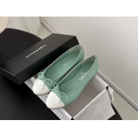 Buy Discount Chanel CC Logo Bowknot Light Green Calf Leather Ballet Flats 6051808