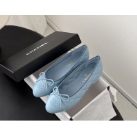 Cheap Cheaps Chanel CC Logo Bowknot Light Blue Quilted Leather Ballet Flats 6051808