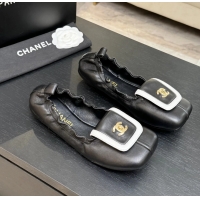 Original Cheap Chanel CC Logo Ballet Flats with Flap Black Calfskin Leather 6052003