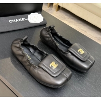 Discount Chanel CC Logo Ballet Flats with Flap Black Calfskin Leather 6052003