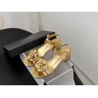 Grade Quality Chanel CC Gold Metallic Leather Camellia Flower Heeled Sandals 6052005