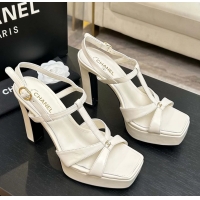 Durable Chanel CC White Leather High Heeled Platform Sandals 6052009