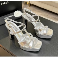 Feminine Chanel CC Silver Leather High Heeled Platform Sandals 6052009