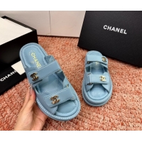 Fashion Chanel CC Dad Light Blue Leather Platform Slides Sandals 6052101