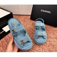 Buy Discount Chanel CC Dad Light Blue Leather Platform Sandals 6052101