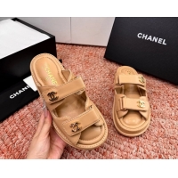 Comfortable Chanel CC Dad Dark Beige Leather Platform Slides Sandals 6052101