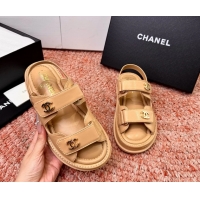 Crafted Chanel CC Dad Dark Beige Leather Platform Sandals 6052101