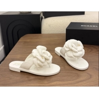 Buy Cheapest Chanel White Camellia Flower Flat Thong Sandals 6052102