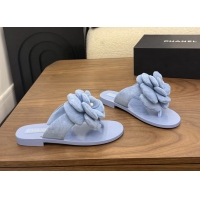 Low Price Chanel Light Blue Camellia Flower Flat Thong Sandals 6052102
