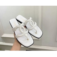 Top Grade Chanel Large CC Logo White Leather Flat Thong Sandals 6052106