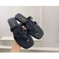 Original Cheap Chanel Large CC Logo Black Leather Flat Thong Sandals 6052106