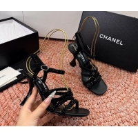 Stylish Chanel Black Suede Leather High Heeled Sandals with Studded 6052107