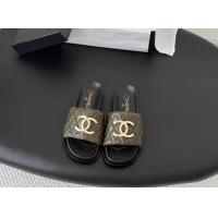 Buy Fashionable Chanel CC Logo Khaki Green Leather Flat Slides Sandals 6052108